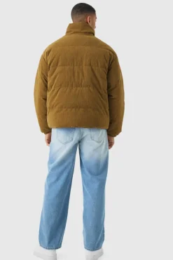 Best Sale boohooMAN Reversible Cord And Nylon Puffer Jacket In Brown lime