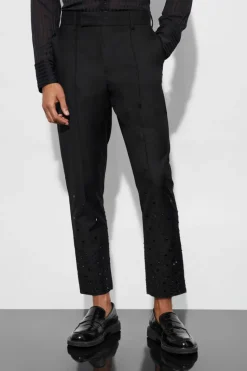 Fashion boohooMAN Rhinestone Detail Tapered Suit Trousers black