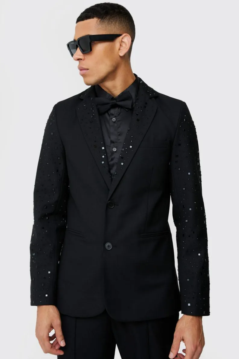 Fashion boohoo Rhinestone Sleeve Slim Fit Suit black