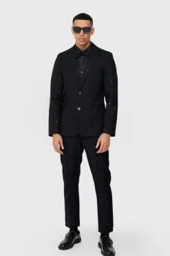Fashion boohoo Rhinestone Sleeve Slim Fit Suit black