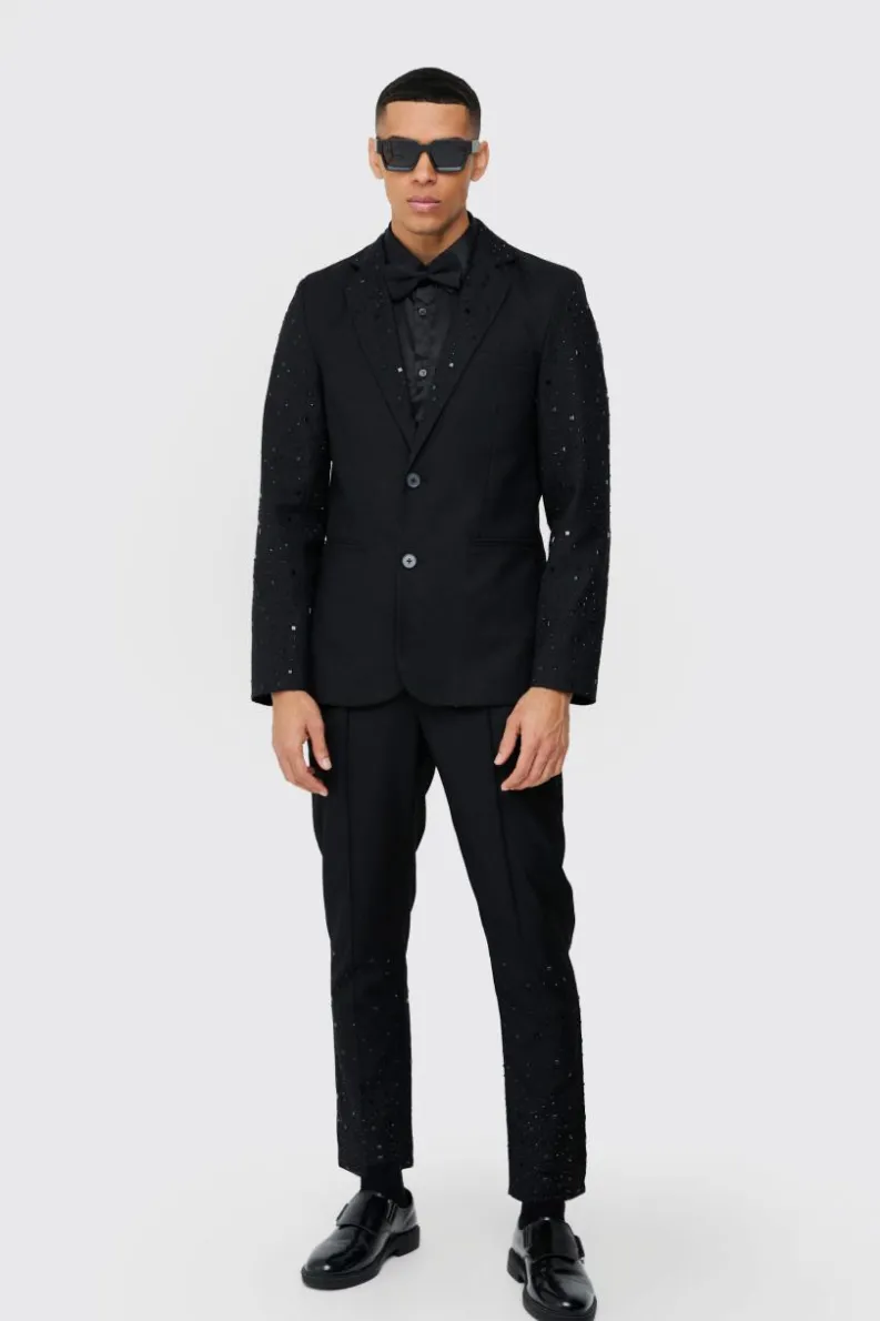 Fashion boohoo Rhinestone Sleeve Slim Fit Suit black
