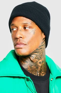 Online boohooMAN Ribbed Classic Beanie black