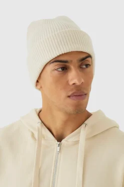 Discount boohooMAN Ribbed Classic Beanie white