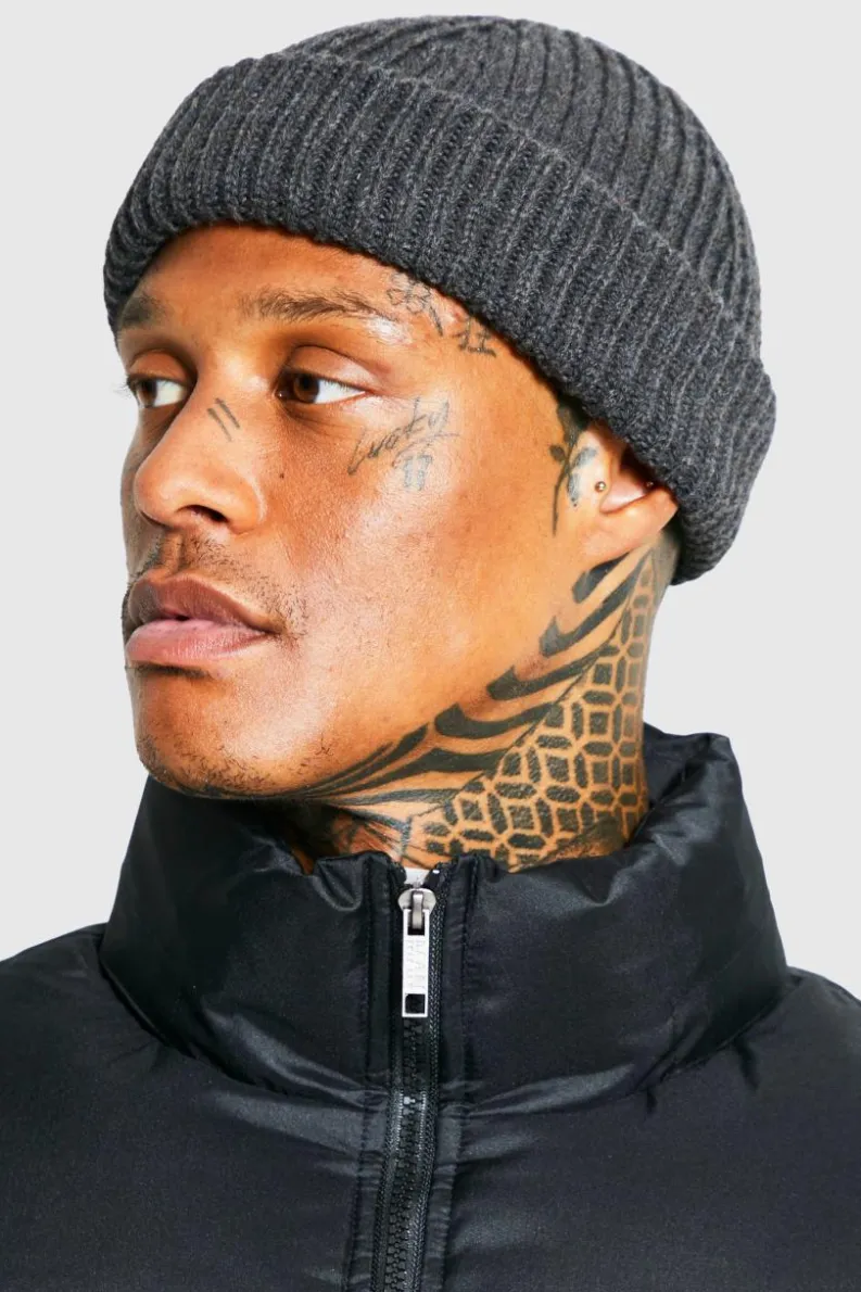 Shop boohooMAN Ribbed Micro Beanie charcoal