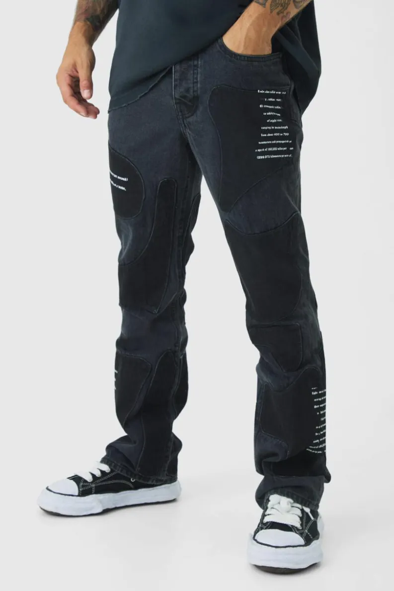Best boohooMAN Rigid Slim Flare Patchwork Applique Jeans washed black