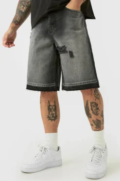 Cheap boohooMAN Ripped Denim Jorts In washed black