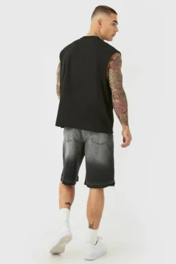 Cheap boohooMAN Ripped Denim Jorts In washed black