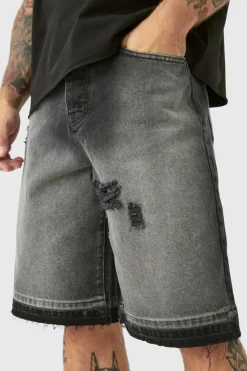 Cheap boohooMAN Ripped Denim Jorts In washed black