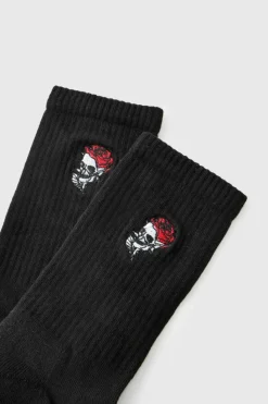 Outlet boohooMAN Rose Embroidered Half Terry Socks black