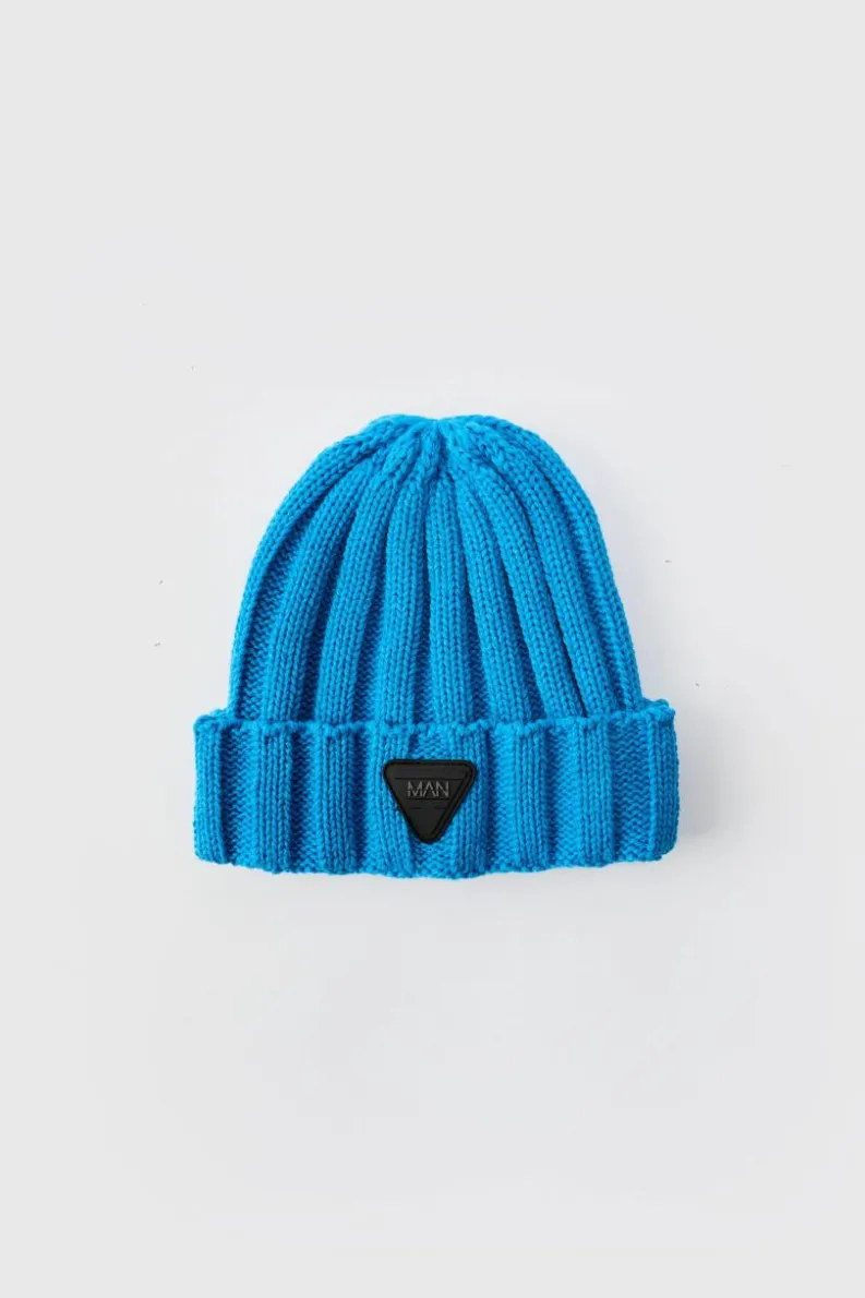 Online boohooMAN Rubber Branded Chunky Beanie blue