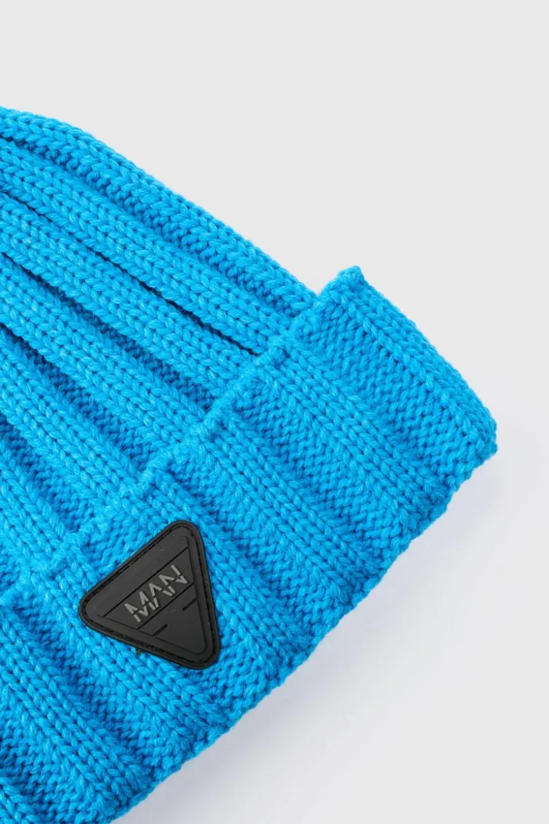 Online boohooMAN Rubber Branded Chunky Beanie blue