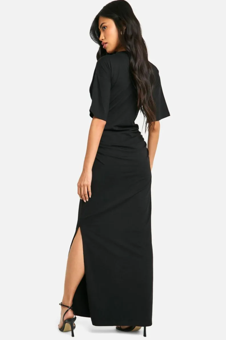 Best Sale boohoo Ruched Side T-shirt Midaxi Dress black