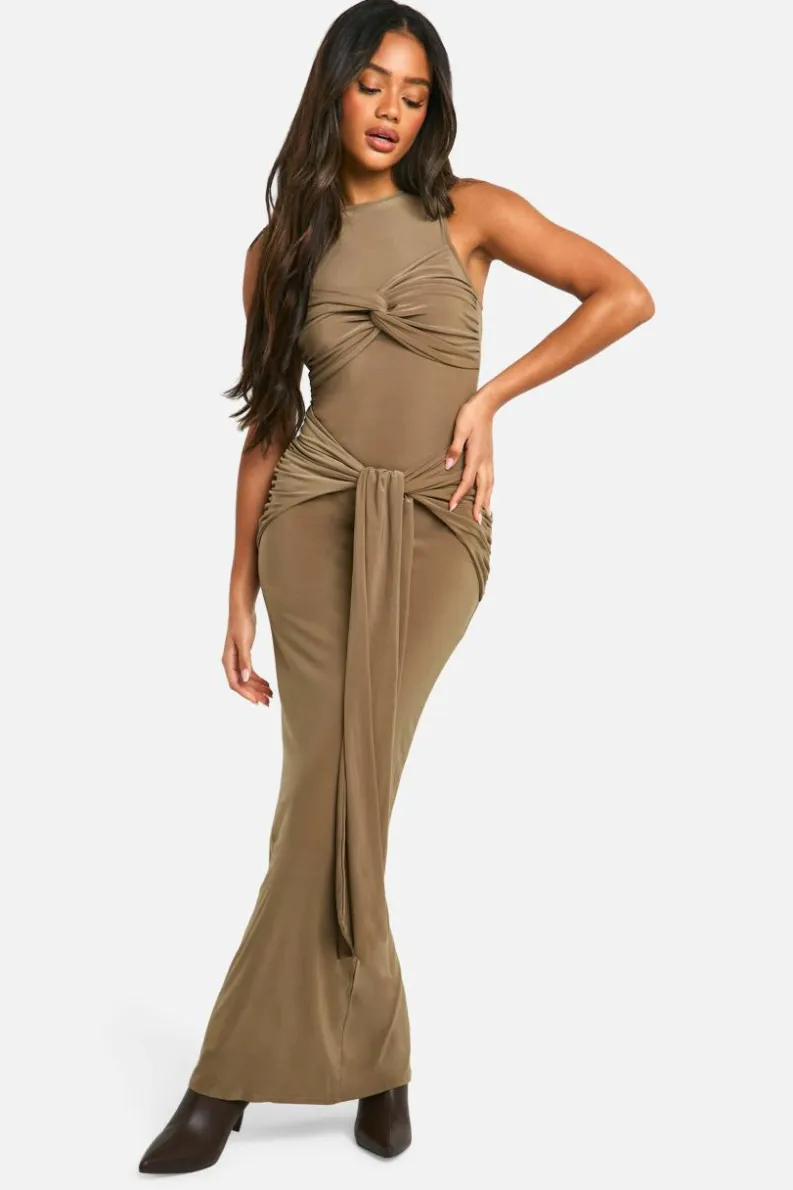Fashion boohoo Ruched Twist Detail Racer Neck Maxi Dress mushroom