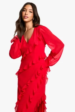 Shop boohoo Ruffle Long Sleeve Chiffon Maxi Dress red