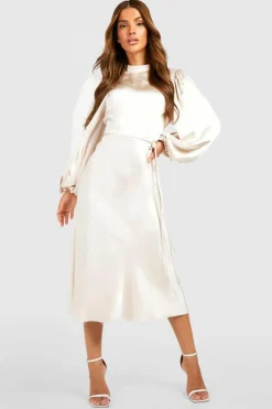 Cheap boohoo Satin High Neck Balloon Sleeve Midi Dress champagne