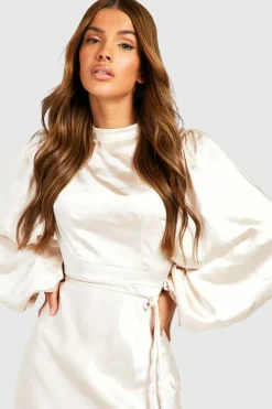 Cheap boohoo Satin High Neck Balloon Sleeve Midi Dress champagne