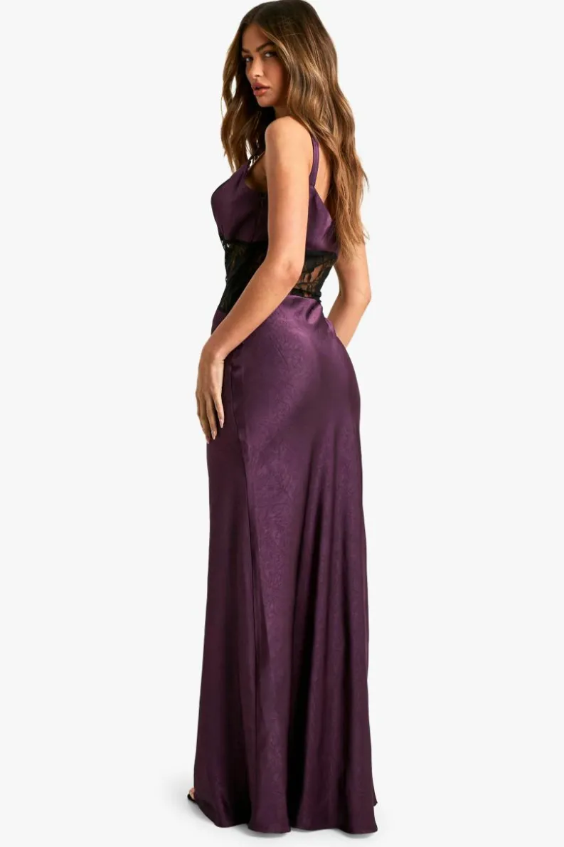 Shop boohoo Satin Lace Column Maxi Dress mulberry