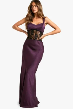 Shop boohoo Satin Lace Column Maxi Dress mulberry