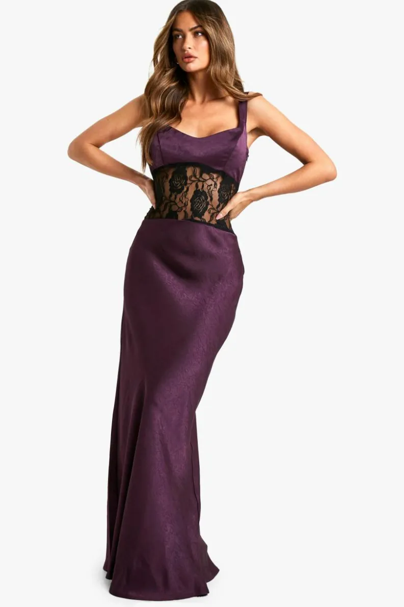 Shop boohoo Satin Lace Column Maxi Dress mulberry