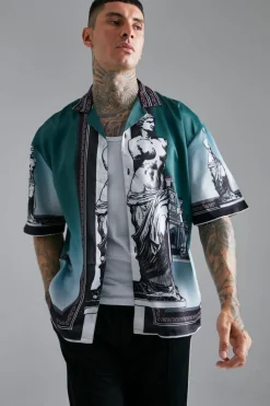 Hot boohooMAN Satin Oversized Revere Statue Border Shirt green