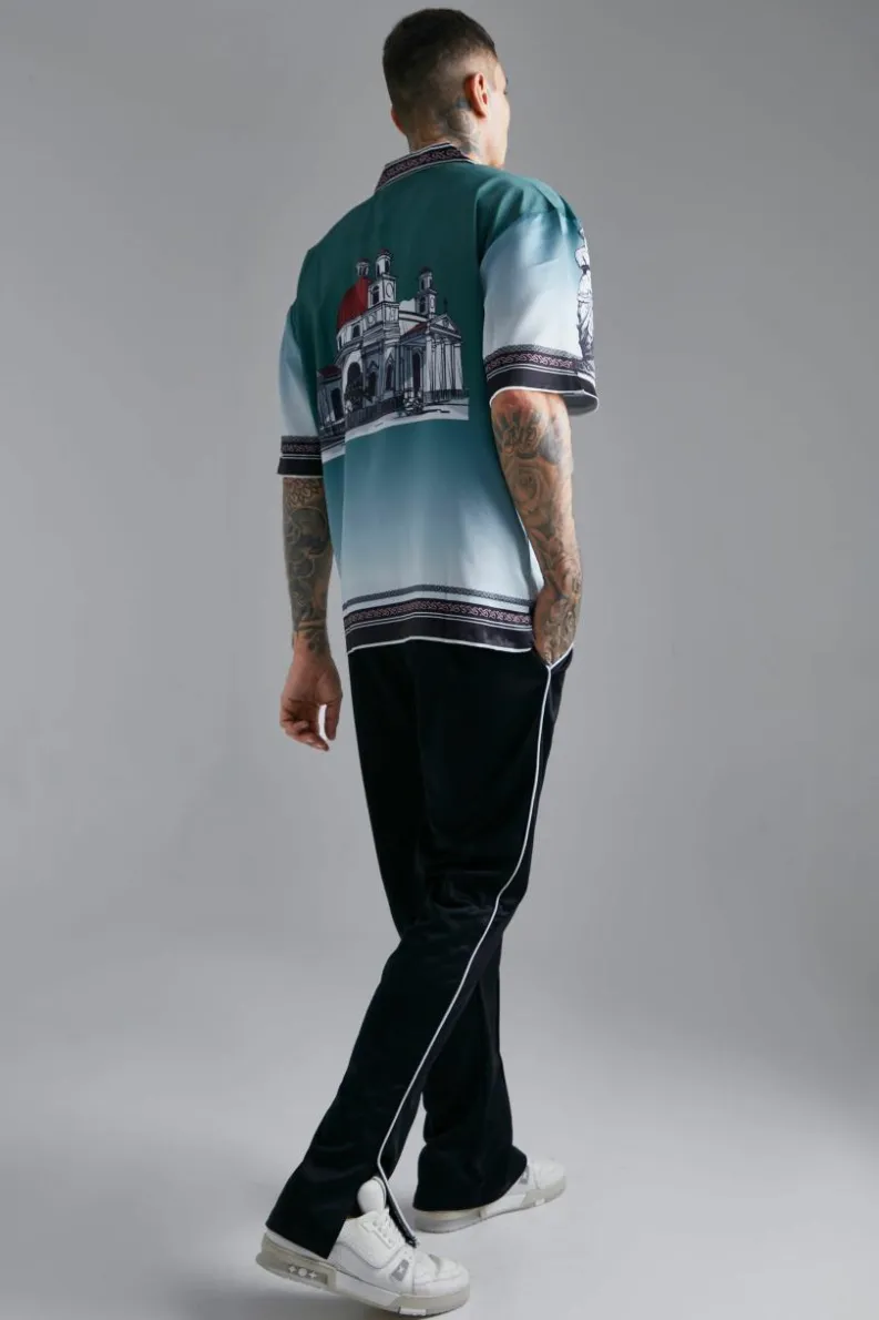 Hot boohooMAN Satin Oversized Revere Statue Border Shirt green