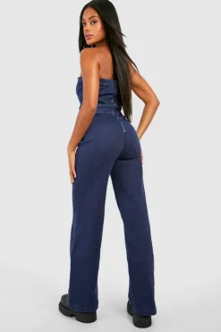 Fashion boohoo Seam Detail Bandeau Denim Jumpsuit indigo