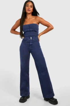 Fashion boohoo Seam Detail Bandeau Denim Jumpsuit indigo