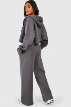 Discount boohoo Seam Detail Crop Top 3 Piece Hooded Tracksuit charcoal