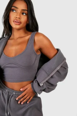 Discount boohoo Seam Detail Crop Top 3 Piece Hooded Tracksuit charcoal