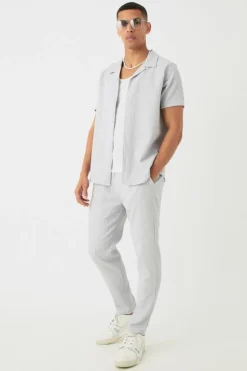 Best boohooMAN Seersucker Revere Collar Shirt & Trouser Set grey