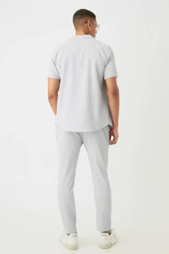 Best boohooMAN Seersucker Revere Collar Shirt & Trouser Set grey