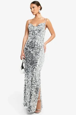 Outlet boohoo Sequin Cowl Neck Maxi Slip Dress silver