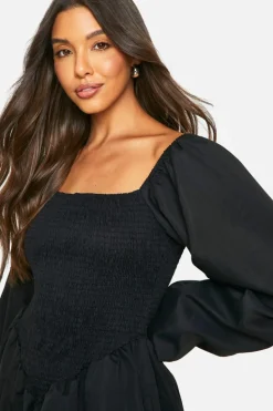Store boohoo Shirred Long Sleeve Smock Dress black