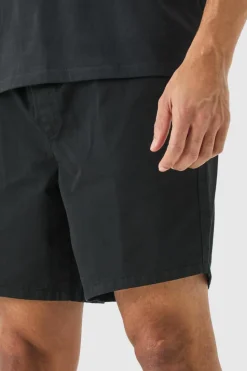Discount boohooMAN Shorter Length Relaxed Fit Elasticated Waist Chino Shorts in black