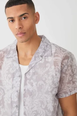 Store boohooMAN Short Sleeve Boxy Baroque Sheer Shirt grey