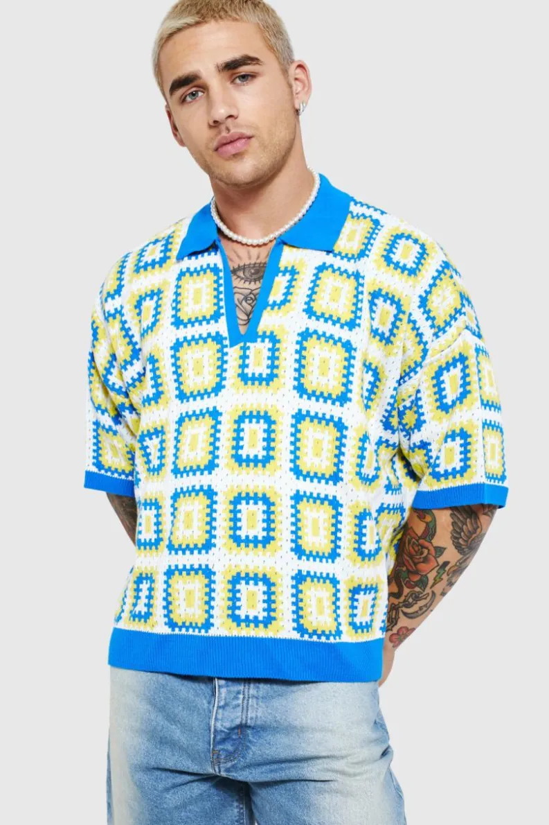 New boohooMAN Short Sleeve Boxy Fit Revere Crochet Polo blue