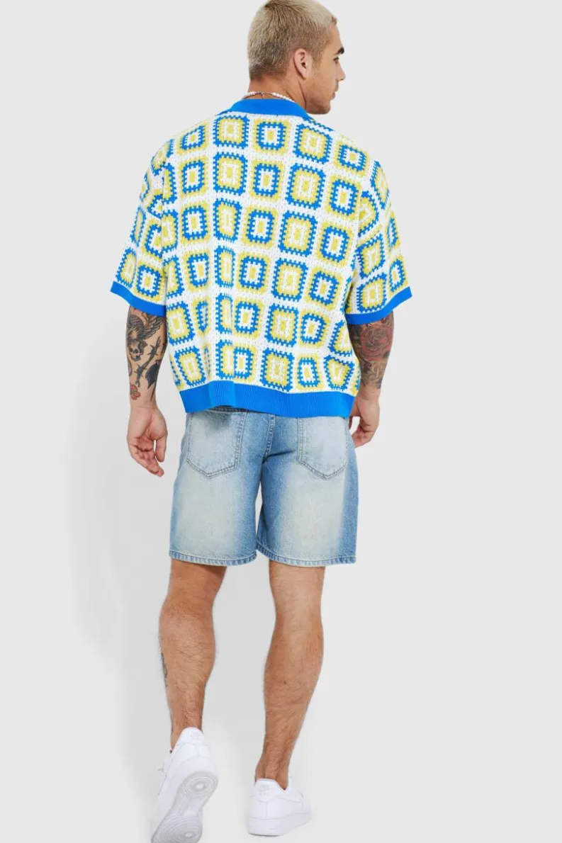 New boohooMAN Short Sleeve Boxy Fit Revere Crochet Polo blue