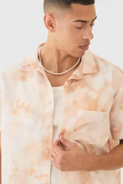 Clearance boohooMAN Short Sleeve Boxy Linen Look Tie Dye Shirt stone