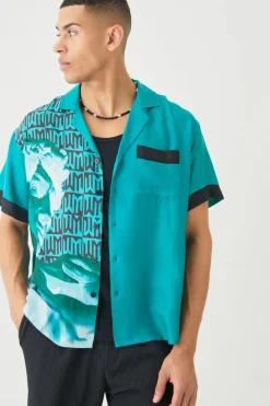 Fashion boohooMAN Short Sleeve Boxy Viscose Spliced Statue Shirt green