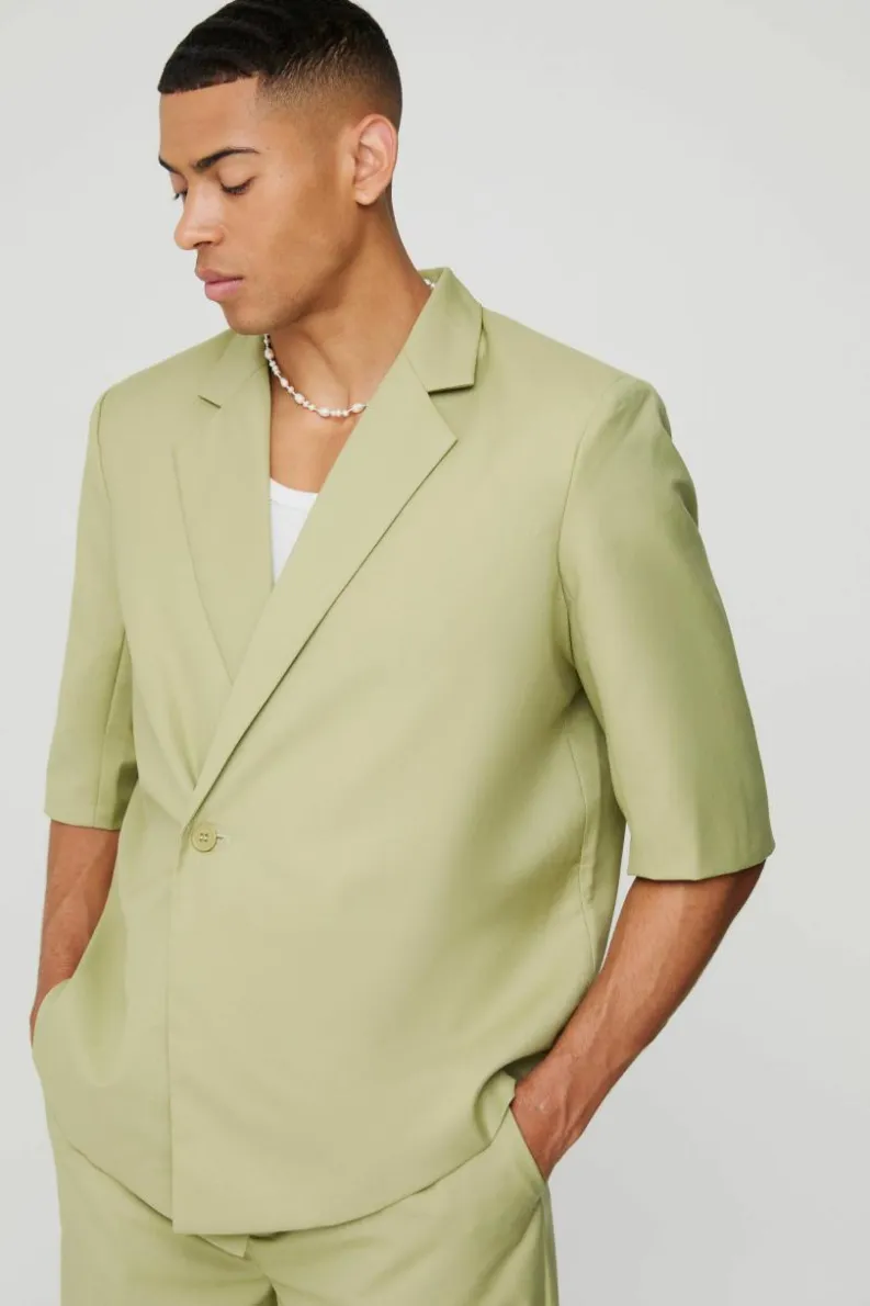 Best boohoo Short Sleeve Boxy Wrap Suit Set in olive