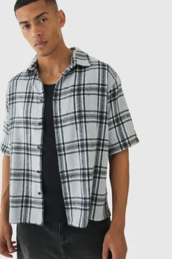 Hot boohooMAN Short Sleeve Checked Oversized Shirt grey