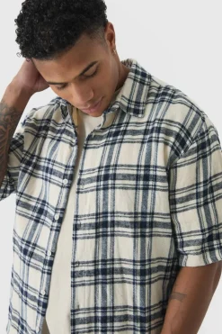 Best Sale boohooMAN Short Sleeve Checked Oversized Shirt ecru