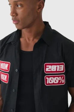 Online boohooMAN Short Sleeve Concealed Placket Moto Poplin Shirt black