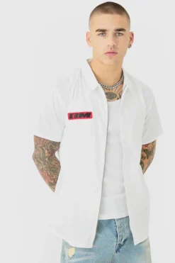 Best Sale boohooMAN Short Sleeve Concealed Placket Moto Poplin Shirt white