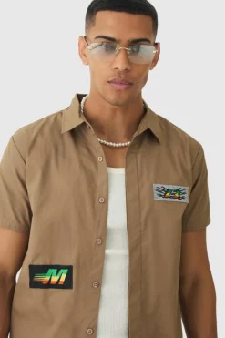 Flash Sale boohooMAN Short Sleeve Concealed Placket Moto Poplin Shirt taupe