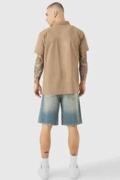 Sale boohooMAN Short Sleeve Concealed Placket Moto Poplin Shirt taupe
