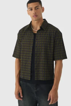 Sale boohooMAN Short Sleeve Crinkle Checked Oversized Shirt khaki