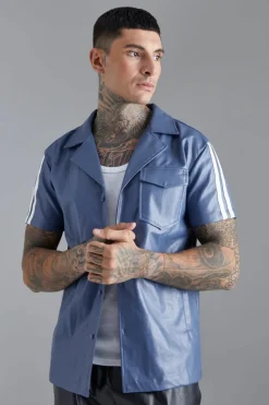 Best Sale boohooMAN Short Sleeve Dropped Revere Tape Detail Shirt blue