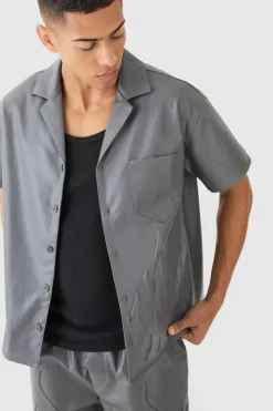Best boohooMAN Short Sleeve Drop Revere Boxy Pu Embossed Shirt charcoal