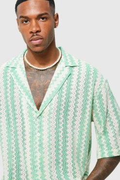 Cheap boohooMAN Short Sleeve Drop Revere Zig Zag Open Weave Shirt green